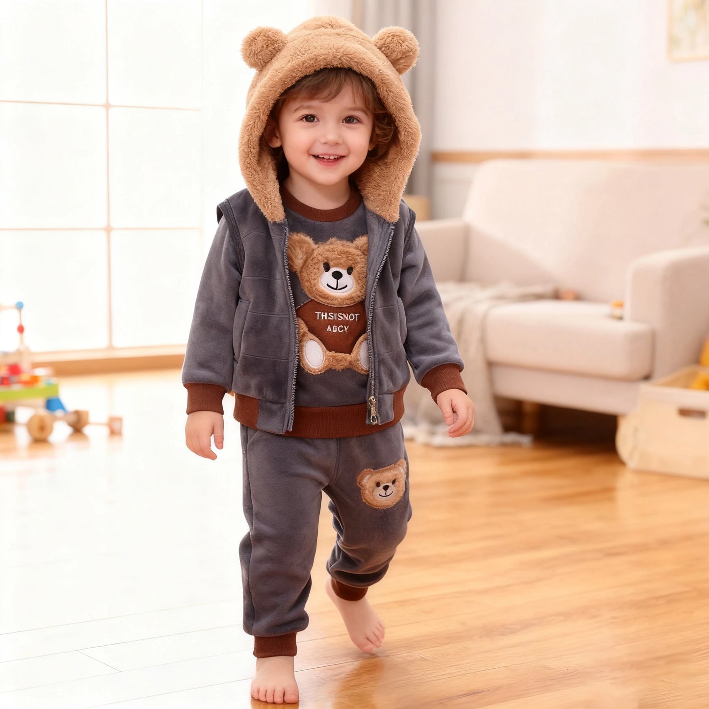 Baby Toddler Boys Girls Clothing Set Tricken Fleece Children Hooded Outerwear Vest Tops Pants 3PCS Kids Warm Fashion Outfits