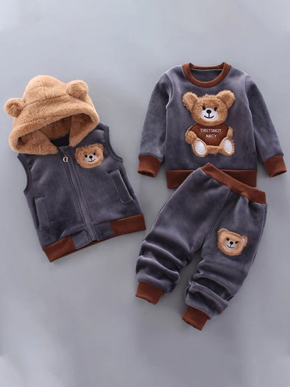 Baby Toddler Boys Girls Clothing Set Tricken Fleece Children Hooded Outerwear Vest Tops Pants 3PCS Kids Warm Fashion Outfits